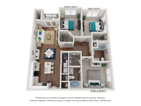 Floor plan for 3 beds, 2 baths, 1309 sqft